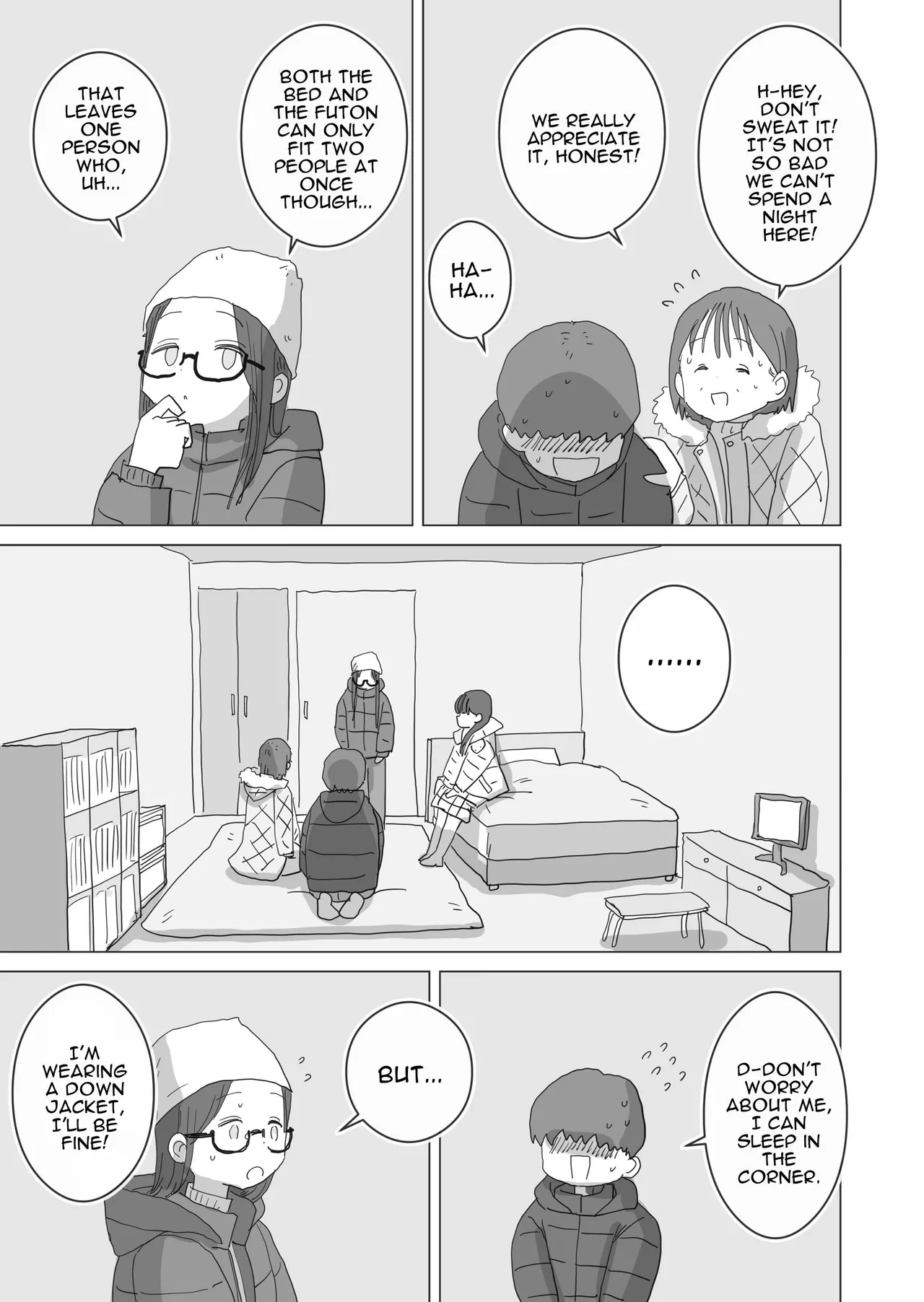 [Hiyashi Makura] Aru Ooyuki no Tsumetai Yoru Boku no Ie no Futon no Naka de Beit-saki no Onnanoko-tachi ga Naisho de Micchaku Atatame Ecchi Shite Kureta. | One Cold Snowy Night, My Colleague Secretly Had Intimate Warm-up Sex With Me Under The Bed Sheets. [English] [Darg777 Translations] - Page 10